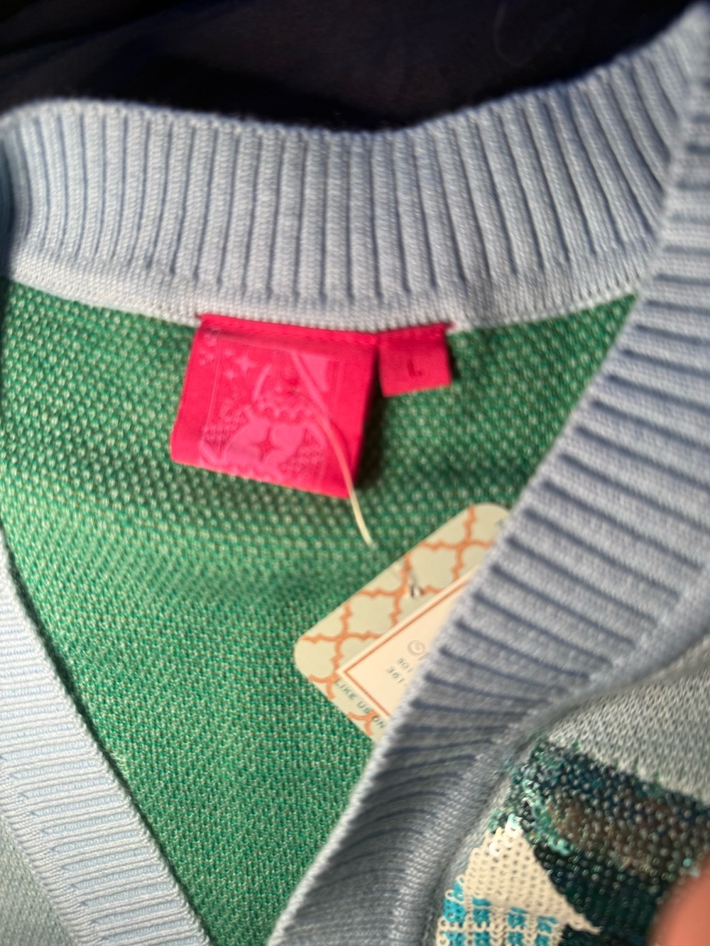 new QUEEN OF SPARKLES Light Blue & Green Embroidered Sequined Spring Cardigan - Picture 3 of 9